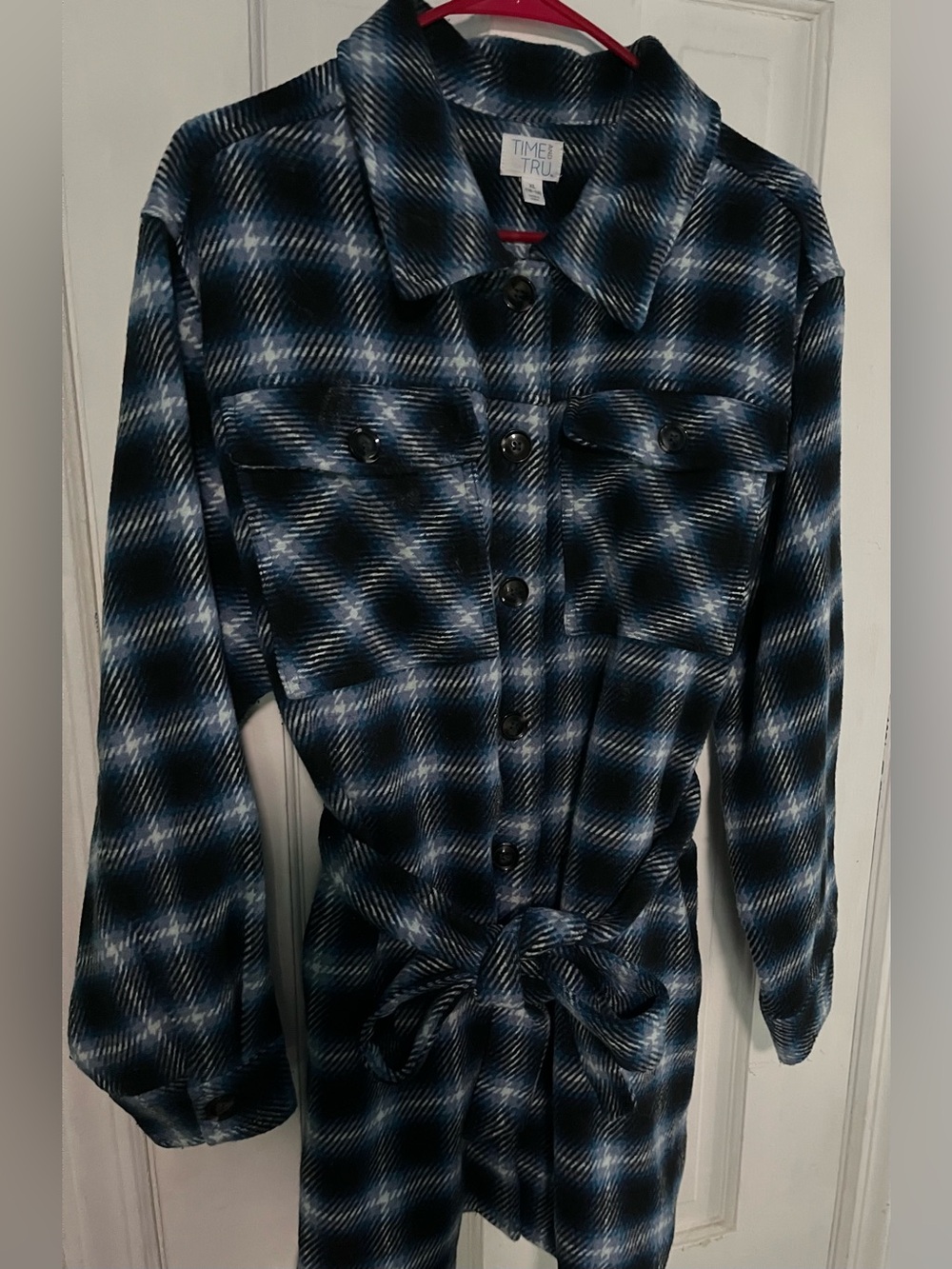Time and Tru Blue and Black Plaid Button-Up Jacket with Tie Waist